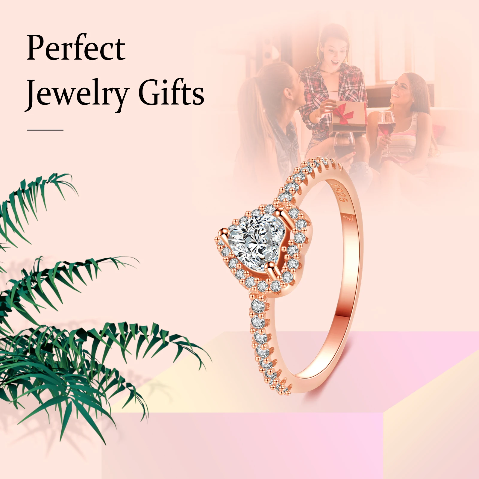 

Erizteya Rose Gold Love Heart CZ Fine Ring Silver Plating Wedding Party Birthday Jewelry Gift Finger Luxury Jewelry Ring Woman