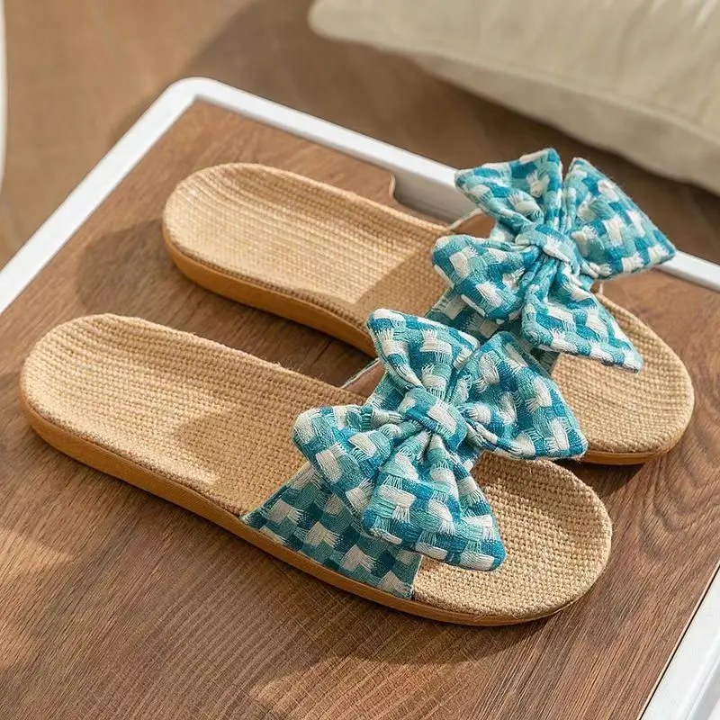 Женские домашние льняные тапки с бантом мягкая подошва Нескользящие без запаха