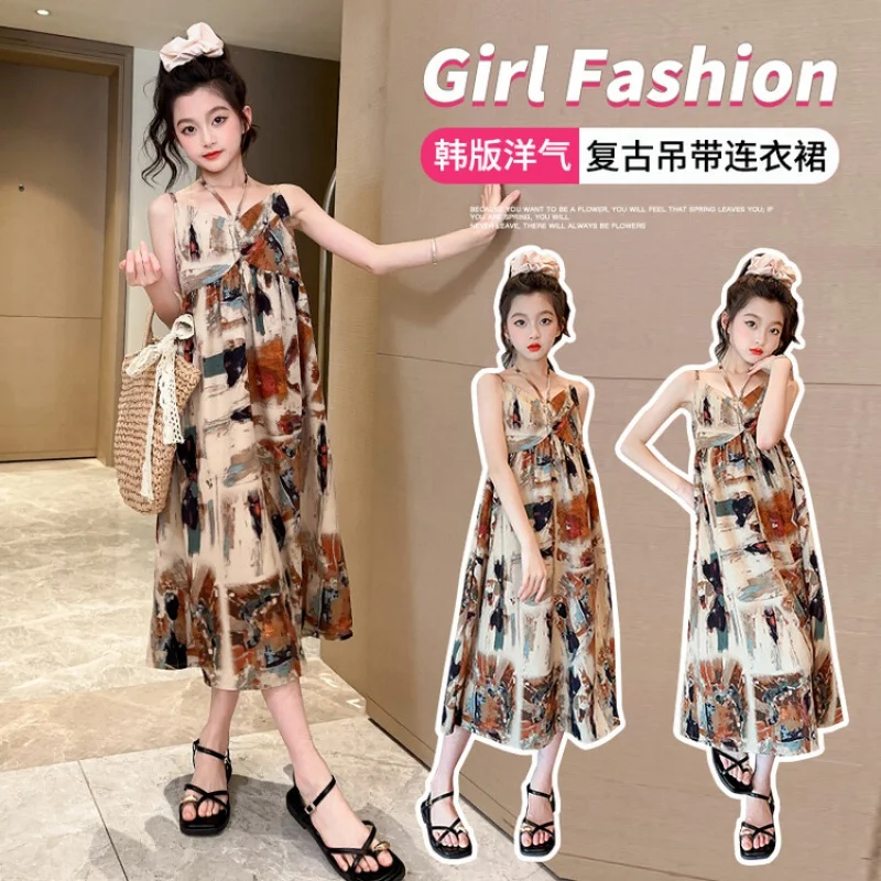 

Летние платья для девочек, винтажное шифоновое атласное платье-комбинация с рисунком масляной живописи, повседневное модное платье, новая одежда для девочек 4-16 лет