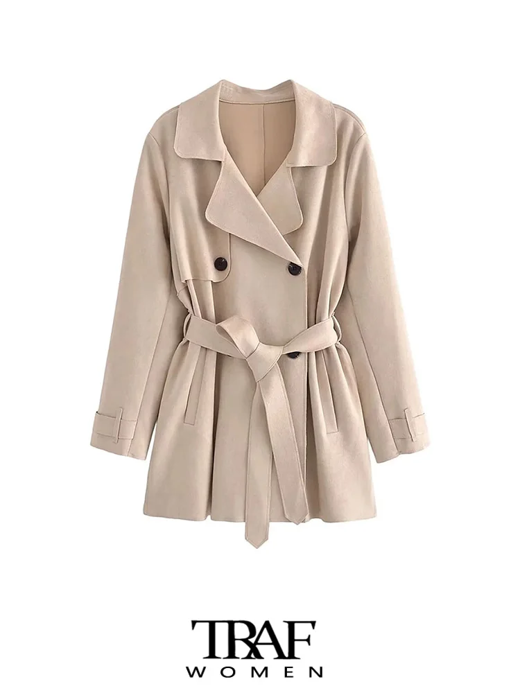 

Тренчкот женский из искусственной замши с поясом, длинными рукавами и пуговицами спереди