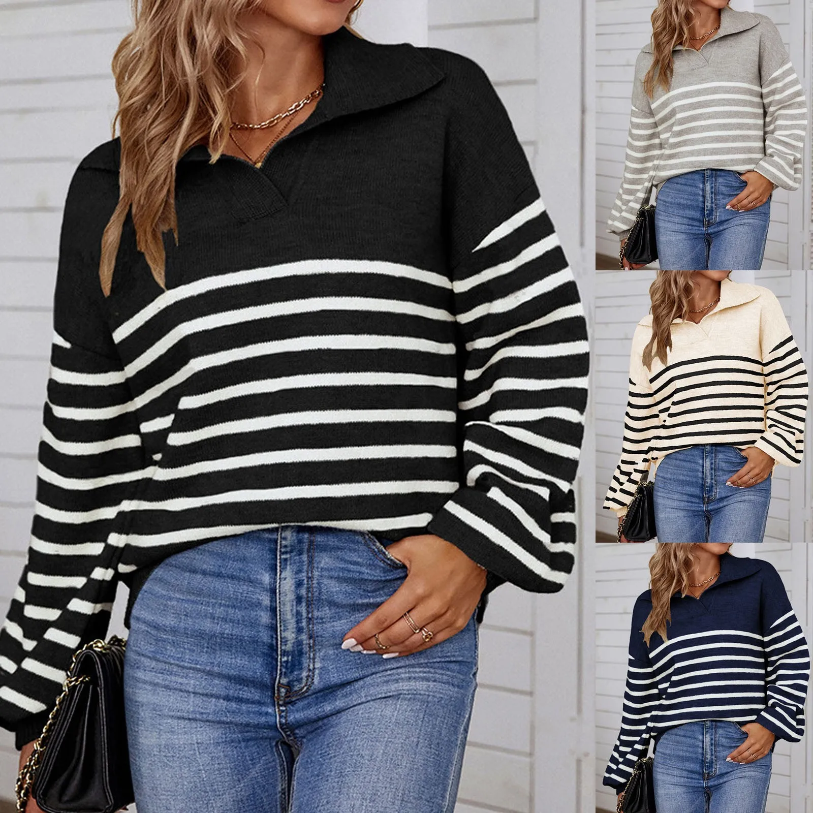 

Autumn Winter Sweater Women Casual Fashion Long Sleeved Knitting Sweaters Pull Vintage Contrast Color Sweater Pull Femme