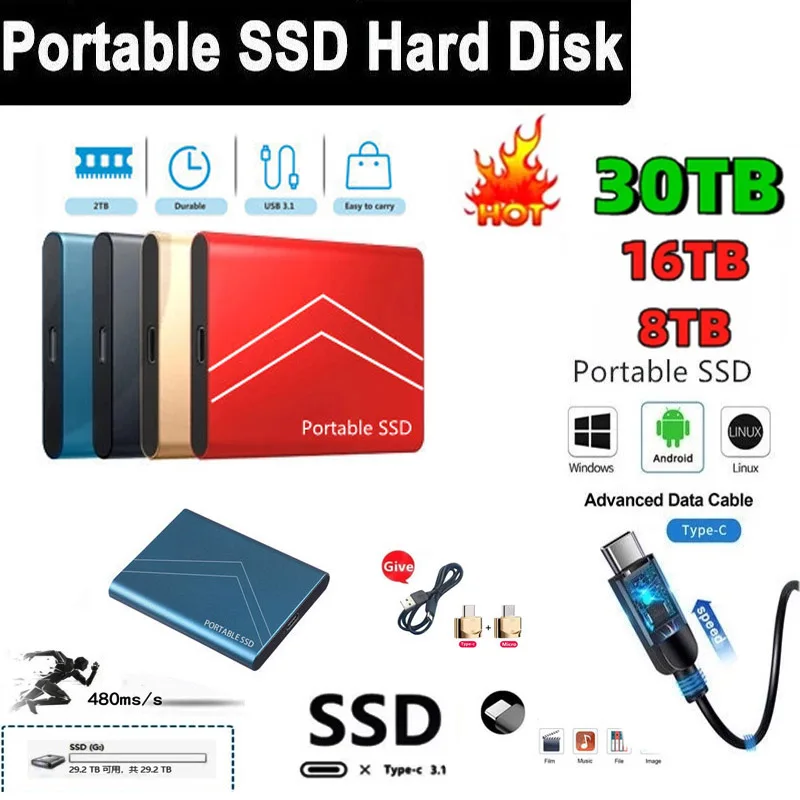 Portable External  Ssd 16T 30T High Speed Hard Disk for PC Laptop Storage Usb 3.1 External SSD External Solid State Drives HDD