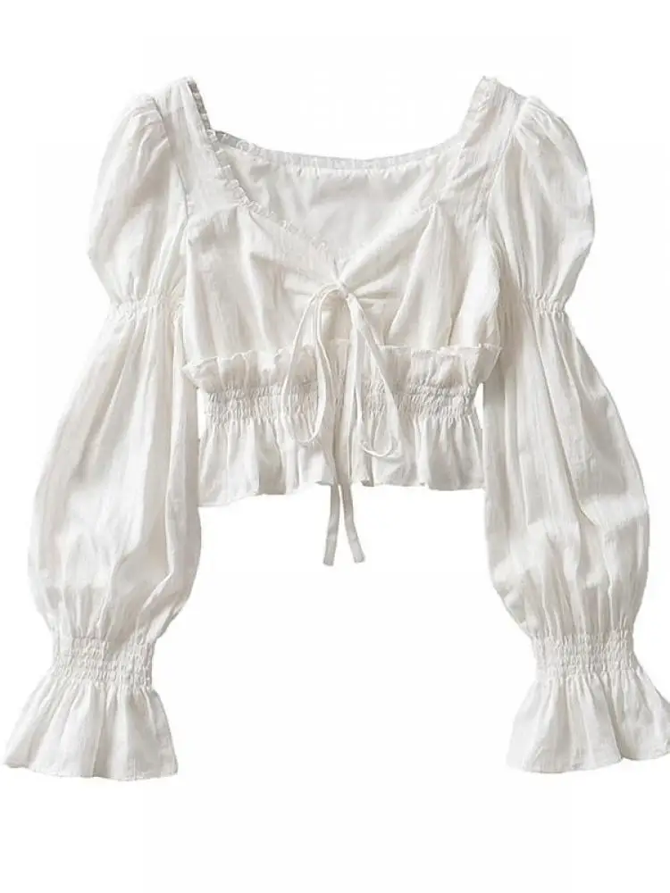 

French White Long Lantern Sleeve Blouse For Women Spring And Autumn New Vintage Pleated Shirt Square Collar Tops Female