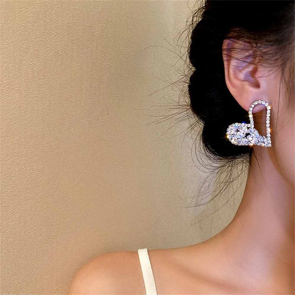 

925 Silver Needle Heart shape With Hollow Heart Earrings For Women European And American Flash Imitation Diamond Earrings