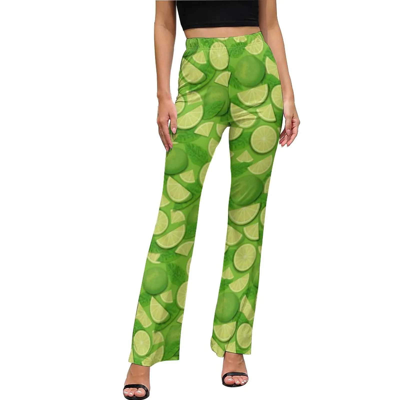 

Green Lemon Print Pants Lime Slice Classic Flared Trousers Summer Women Custom Aesthetic Slim Pants