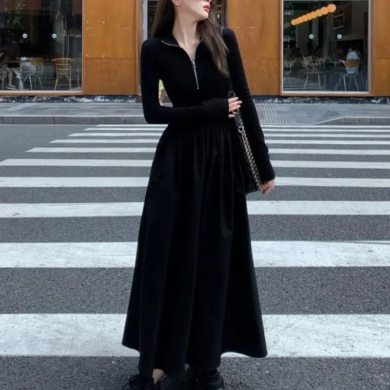 Осеннее элегантное черное платье в светском стиле для похудения с длинными