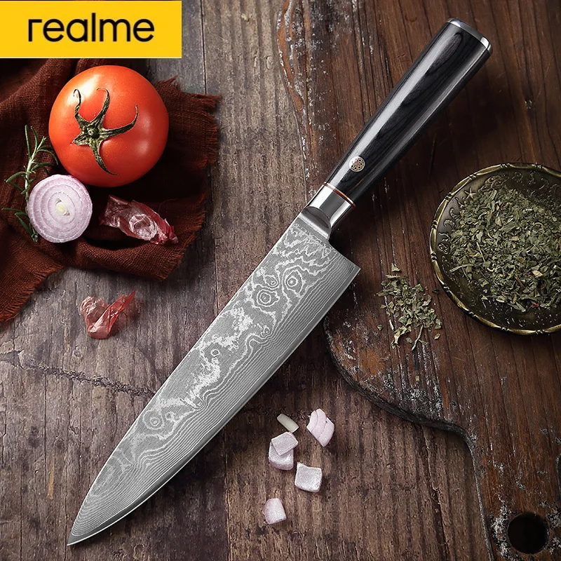 

Realme Damascus Steel Kitchen Knife Household Meat Cleaver Chef Knife Western-style Kitchen Knife Sharp Slicing Knife