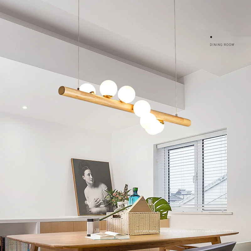 

Long Wood Pendant Lights Round Chandelier Milk White Glass Ball Art Design Modern Luminaire Dining Room Decor Cute G9 Lamp Bulb