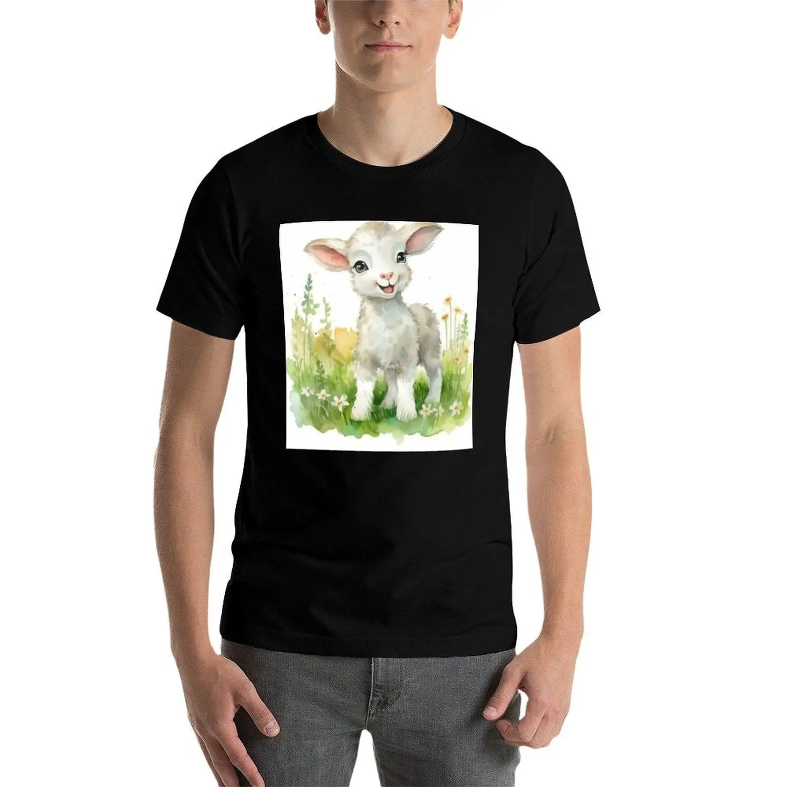 Фото Happy White Lamb - Meadow Friends: детские акварельные принты от Mila van Meer, хлопковая футболка, мужская футболка, футболка для мужчин №3