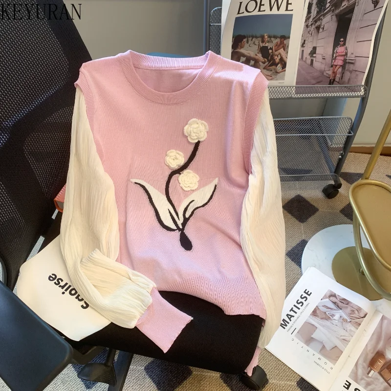 

Свитер женский трехмерный с цветочным принтом, свободный трикотажный пуловер в стиле пэчворк из двух предметов, весна-лето 2023