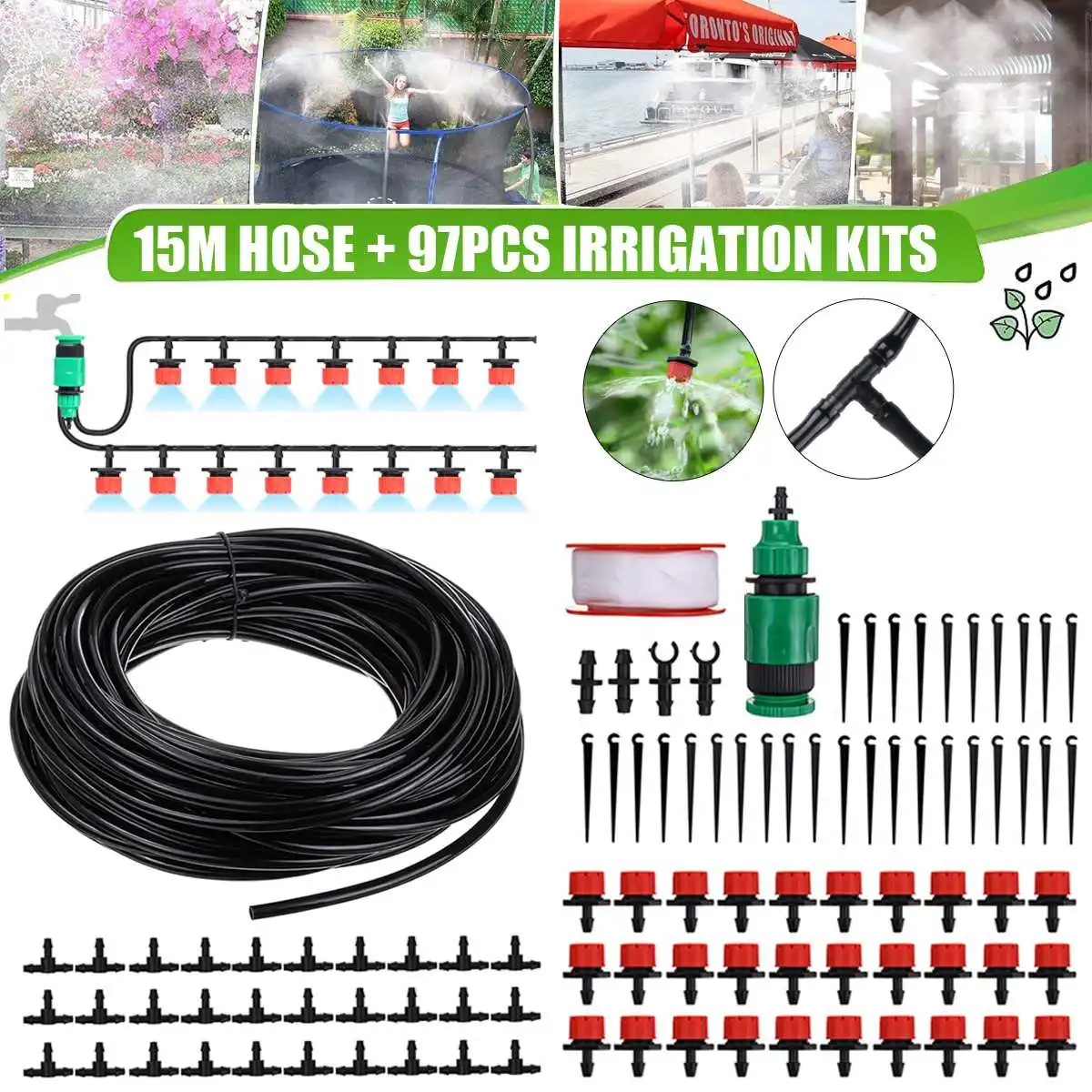 

15M Hose Drip Irrigation System 360 Degree Adjustable 8 Hole Sprinkler Kit Garden Watering Inserting Ground Micro Flow Dripper