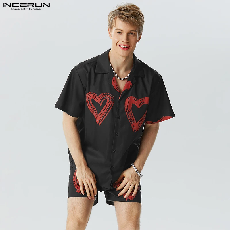 INCERUN 2023 American Style Men's Fashion Sets Love Printing Short Sleeved Shirts Shorts Casual Streetwear Two-piece Sets S-5XL