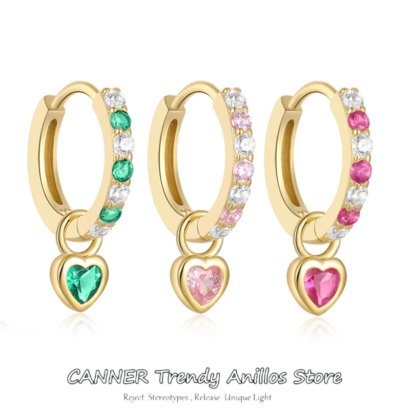 

CANNER 925 Sterling Silver Pink Heart Pendant Hoop Earrings For Women Luxury Pave colorful Crystal Huggie Earrings Fine Jewelry