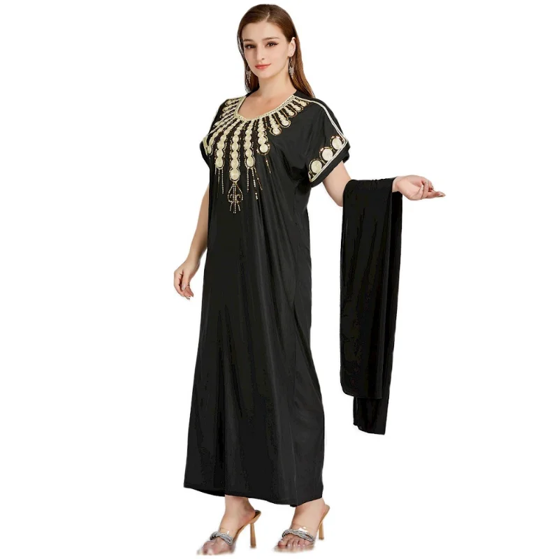 2023 Summer Fashion Style Muslim Women O-neck Short Sleeve Black embroidery Long Dress Muslim Abaya Maxi Dress Abayas for Women
