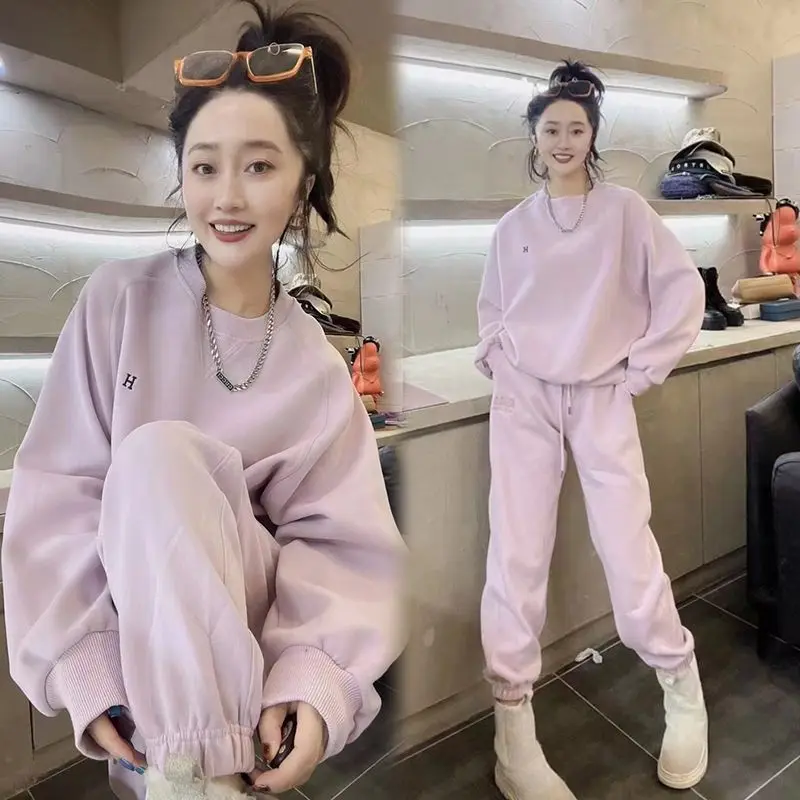 

Winter Autumn Oversized Suit Pink Hoodies Suit Casual Tracksuit Women Loose 2 Pieces Set Sports Sweatshirts Pullover Sweatpants