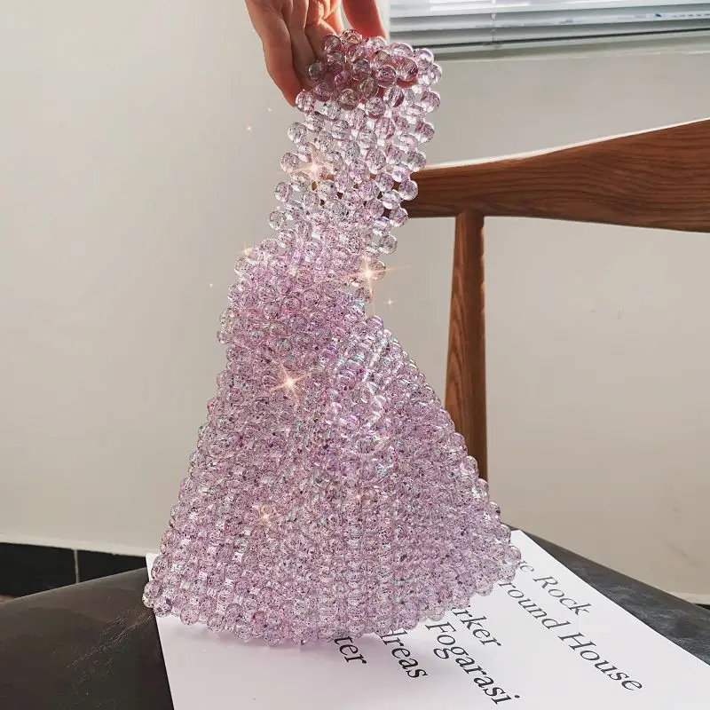 Women Vintage Cross Knot Wrist Bag Handmade Crystal Beaded Bag Small Beaded Bag Evening Party Clutch Simple Mobile Phone Key Bag