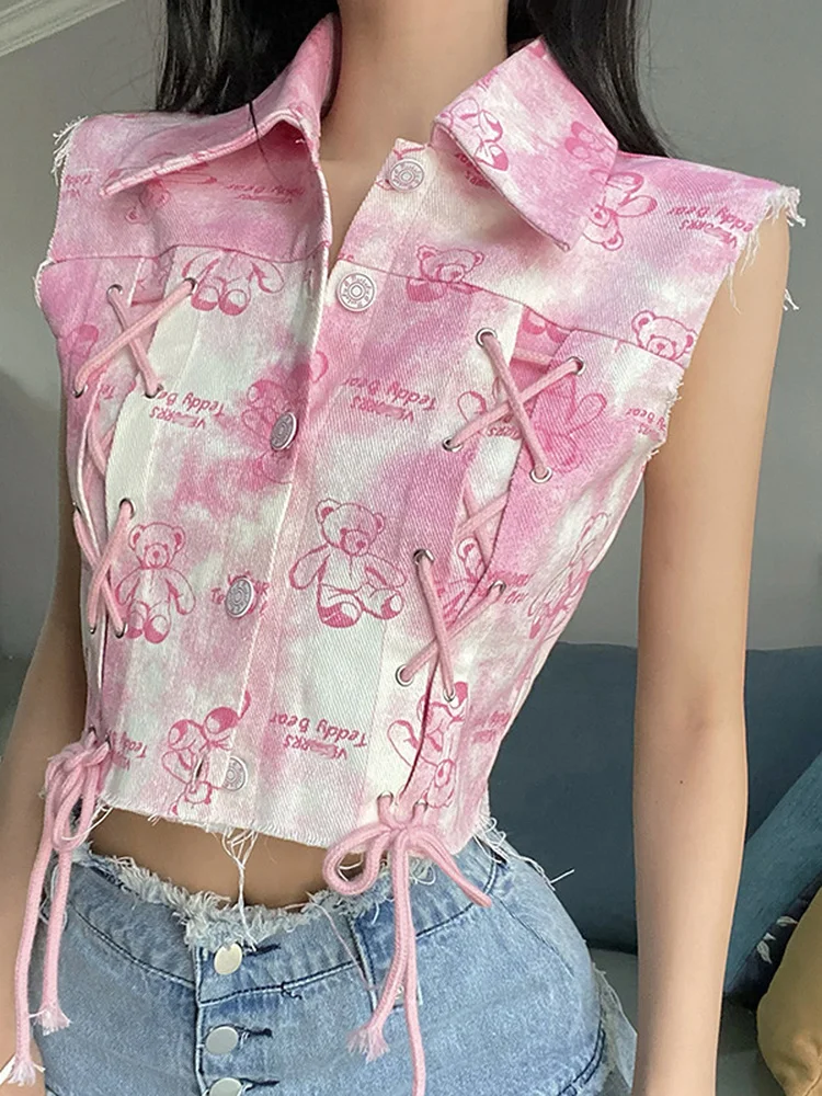 

Женские укороченные рубашки, винтажная бандажная блузка с мультяшным принтом медведя, укороченный топ без рукавов, повседневные Модные жен...