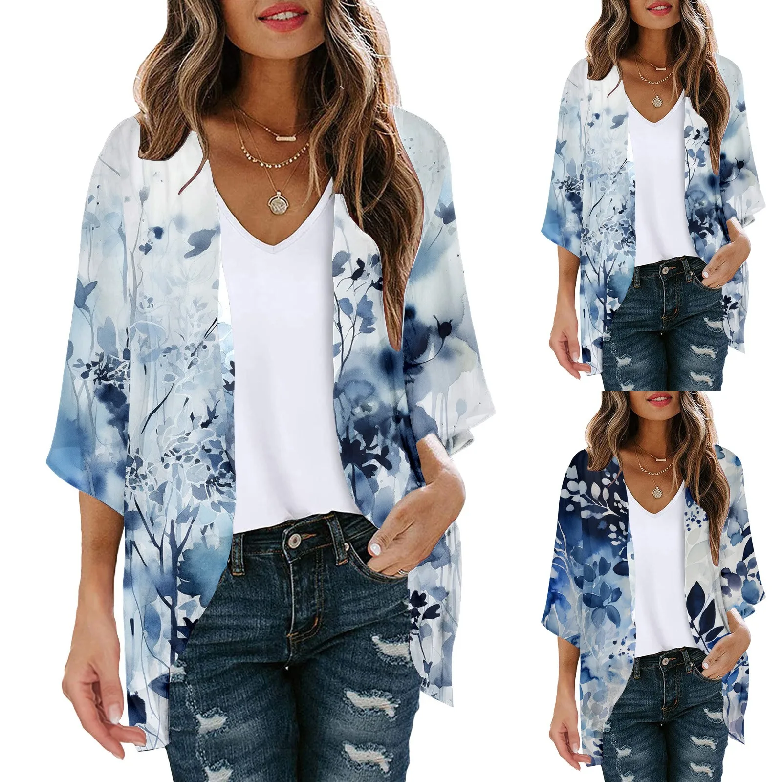 

Women's Floral Print Puff Sleeve Kimono Cardigan Loose Cover Up Casual Blouse Tops Closed
