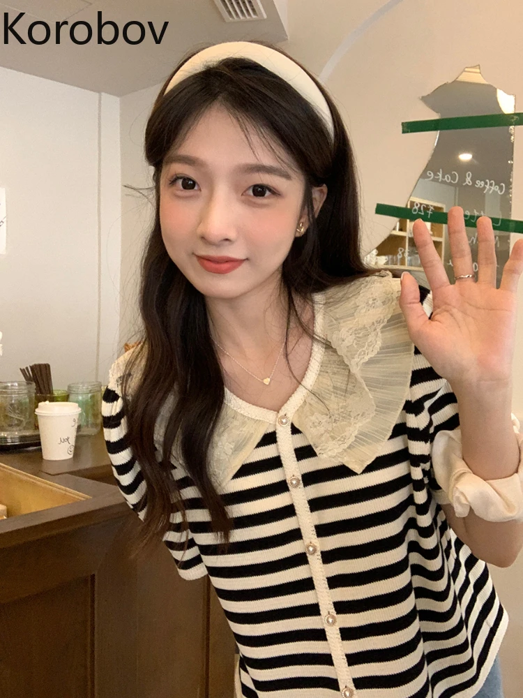 

Korobov Peter Pan Collar Short Sleeve Stripe Knitting Cardigan Female 2022 Summer French Chic Vintage Blusas Mujer De Moda 2022