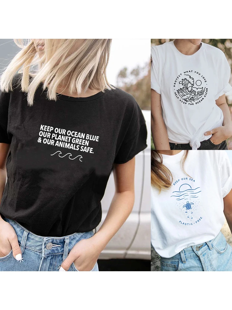 Женская футболка с надписью Keep Our Ocean Blue Clean Plastic Free летняя Повседневная эстетичная