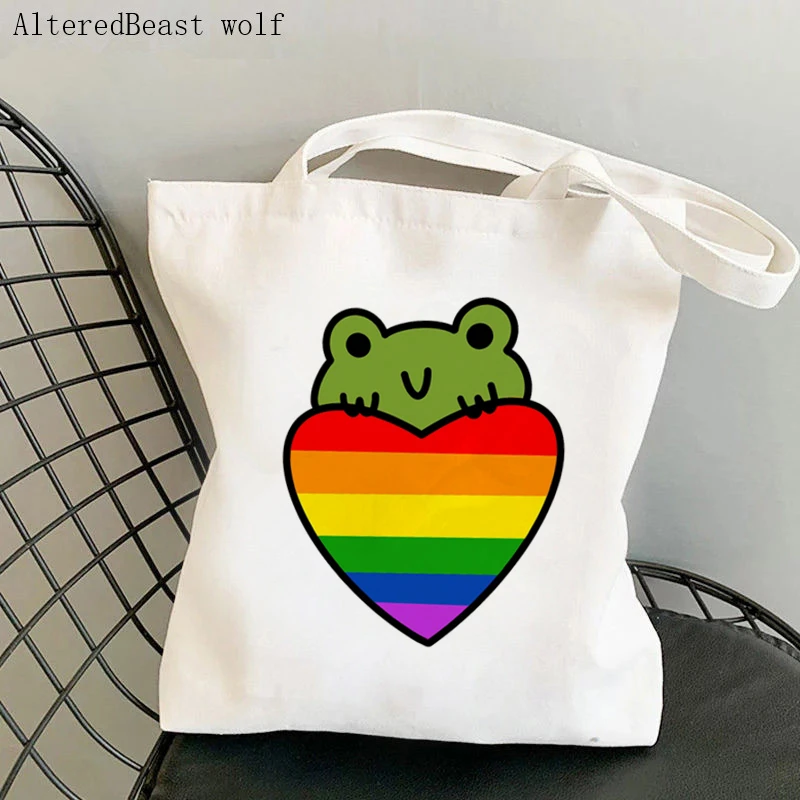 

Women Shopper bag Rainbow Pride Flag Frog LGBT Bag Harajuku Shopping Canvas Shopper Bag girl handbag Tote Shoulder Lady Bag