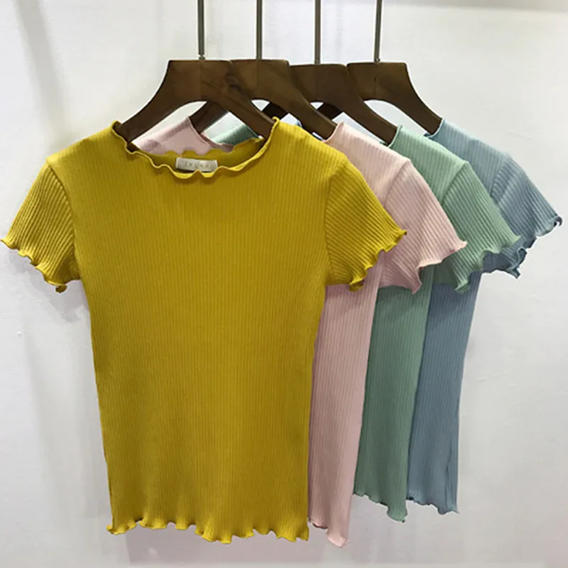 

Women O Neck Short sleeve T-shirt Ruffled Trimmings Ribbed Crop Tops Soft Stretchy T-shirts Basic Summer Retro Tops