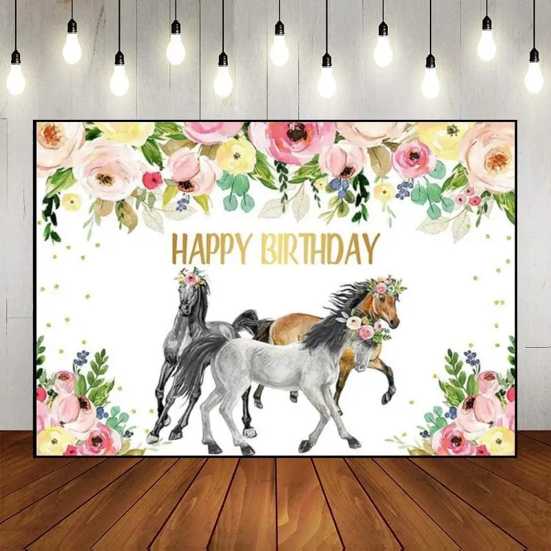 

Horse Background Blush Floral Photography Backdrops Western Birthday Decoration Cowgirl Boy Baby Shower Photo Farm Pink Party