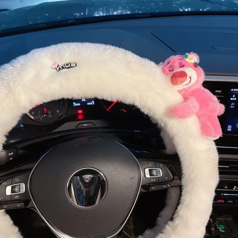 Фото Новый плюшевый чехол на руль Lotso: зимний, теплый, милый, креативный мультяшный декор для автомобиля, аксессуар, подарок №4