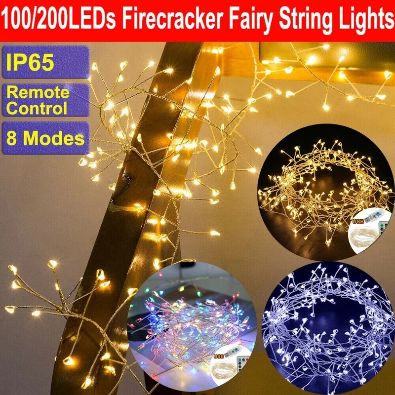 

3/5M100/200 LED PVC USB Waterproof 8 Lighting Modes Firecracker String Lights Fairy Garland Light Wedding Party Christmas Decor