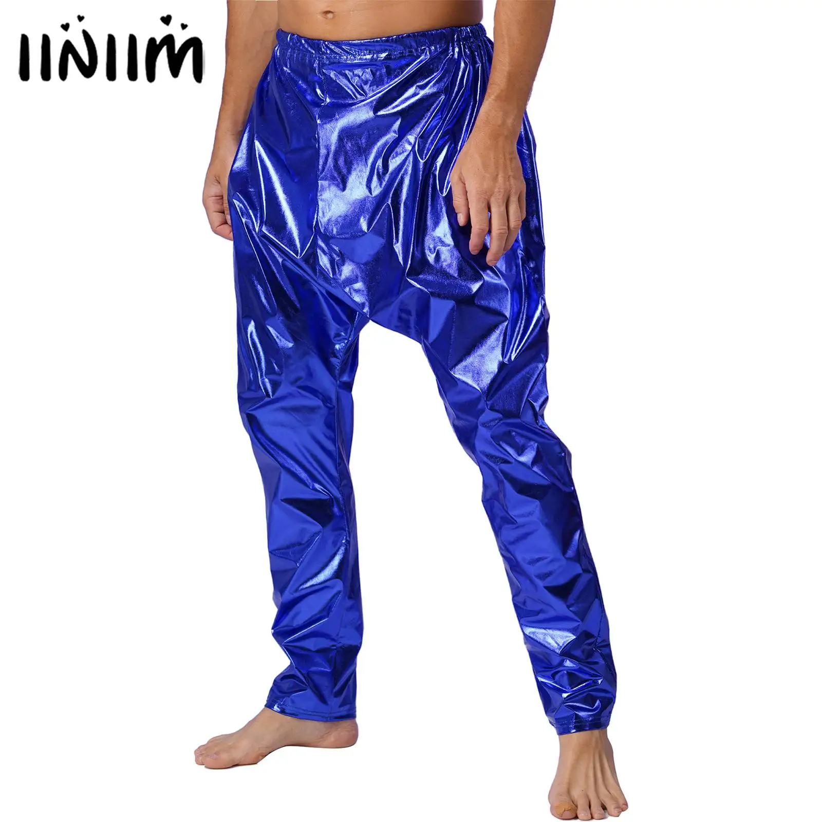 Mens Metallic Shiny Disco Jazz Hip Hop Dance Performance Long Pants Elastic Waistband Solid Color Lightweight Casual Harem Pants