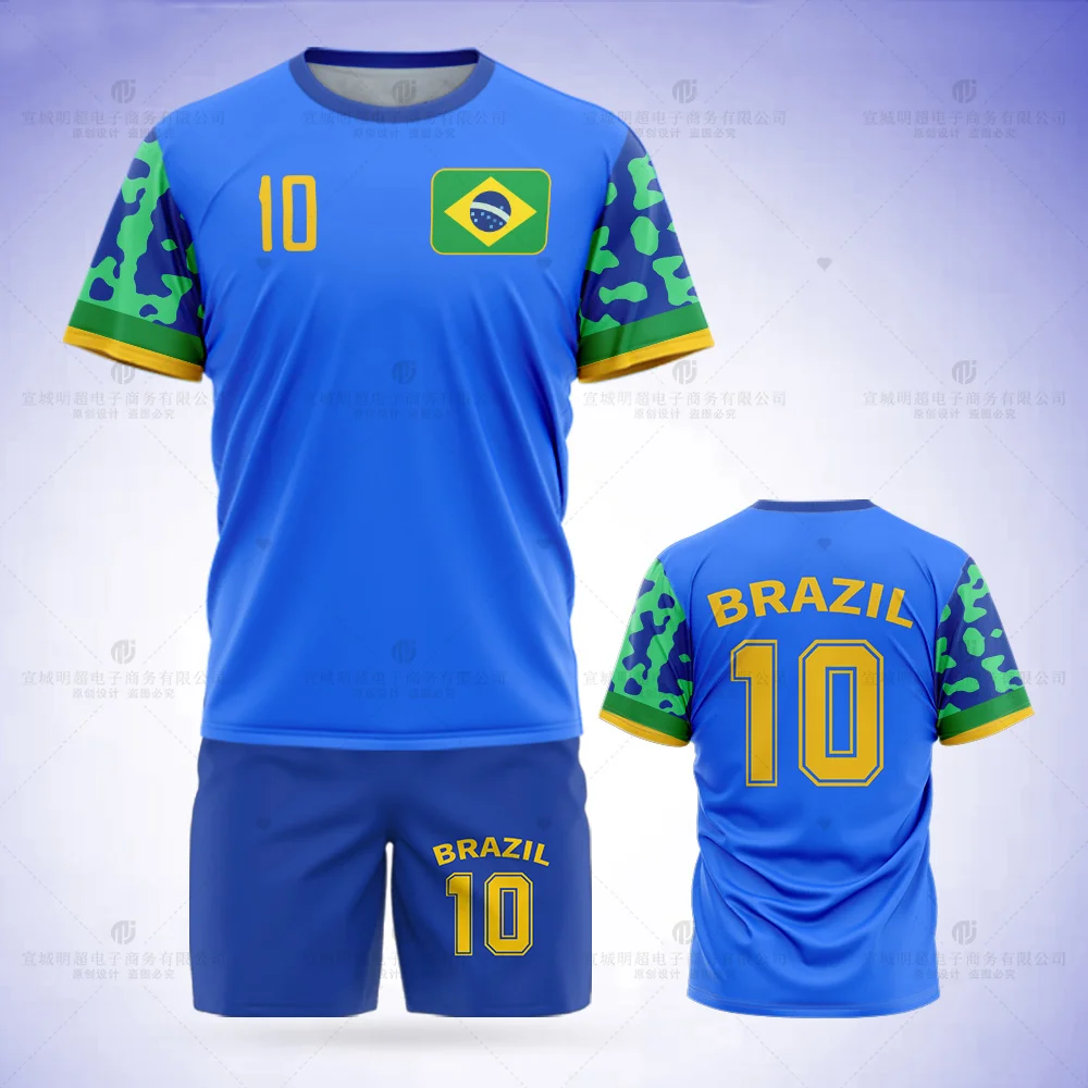 2023 Jumeiast Brazil Football Jersey Graphic T-shirt Set Flag Football Print Shorts Blue Sportswear Team Kit