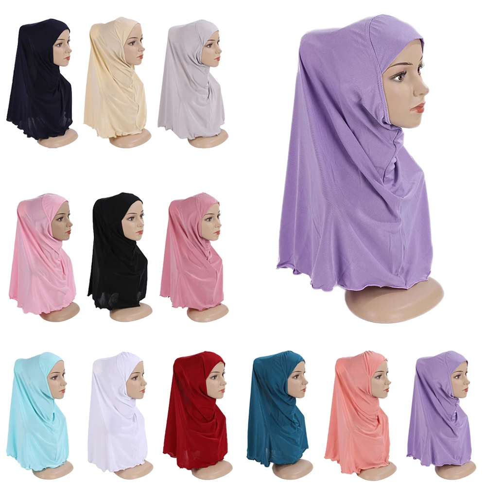 

Muslim Kids Girls Hijab Chemo Cap Pull On Instant Scarf Prayer Islamic One Piece Amira Underscarf Shawls Wrap Fit 7-12 Years Old