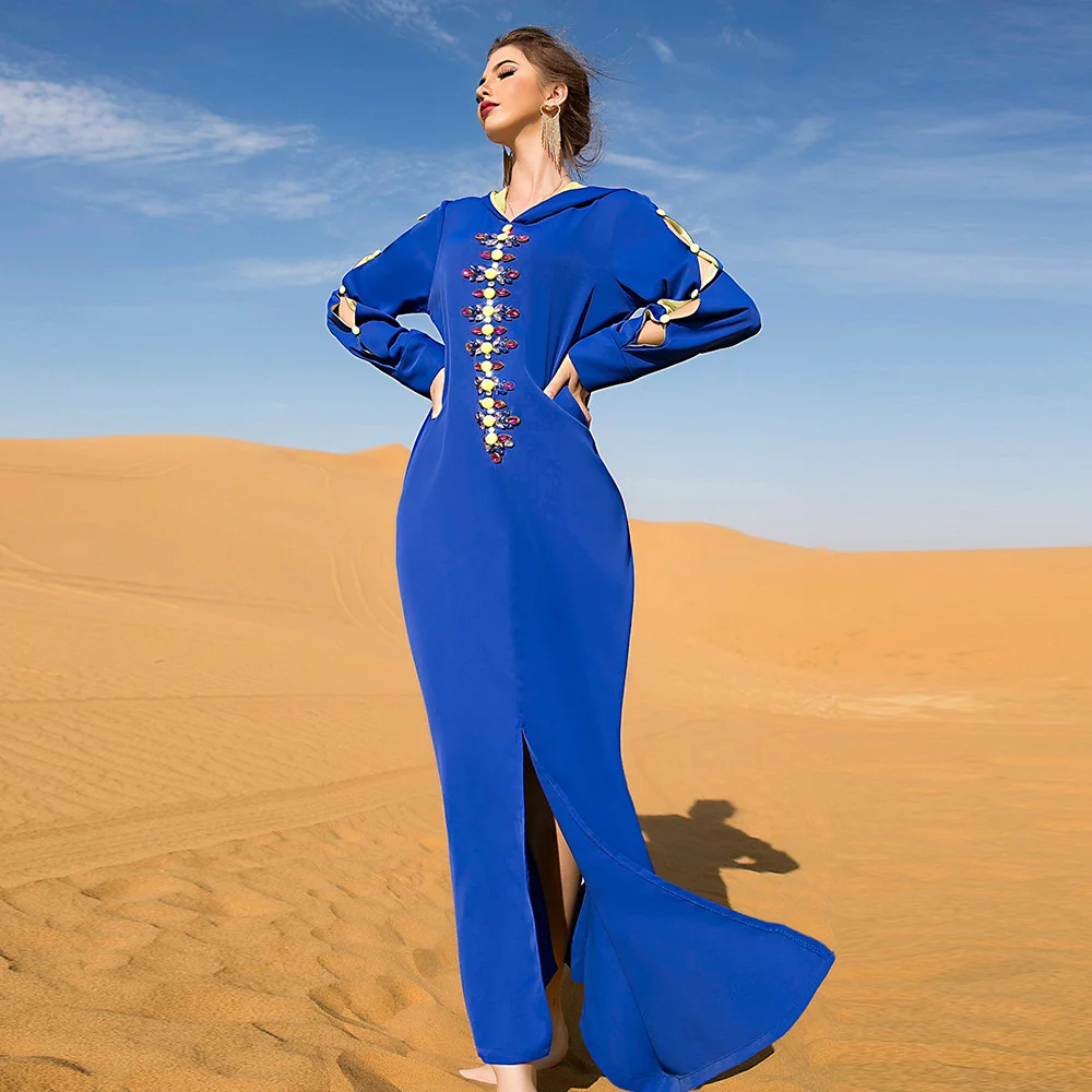 2022 Muslim Long Dress Blue Eye-catching Yellow Hand Sewn Diamond Women Arabian Dress