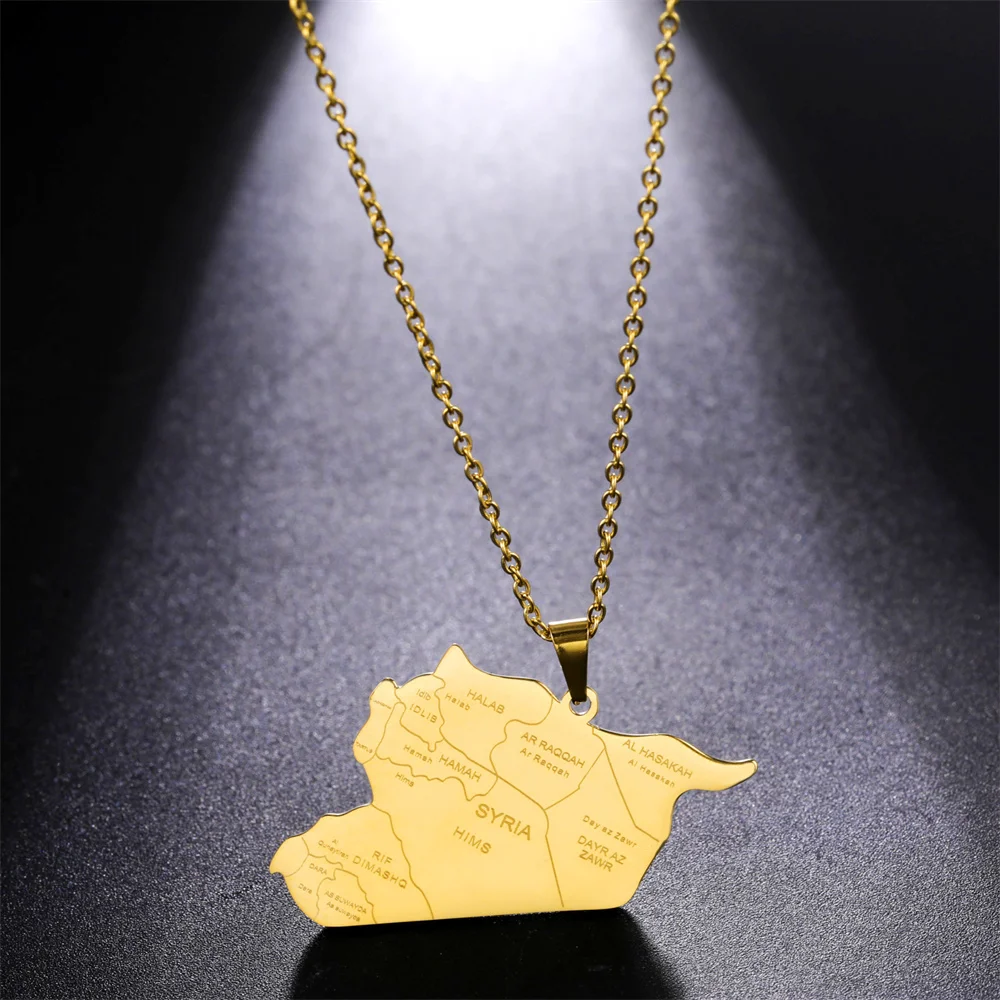 Cazador Stainless Steel Syria Map Pendant Necklace Country City Geography Chain Necklaces for Women Men Jewelry Gift Wholesale