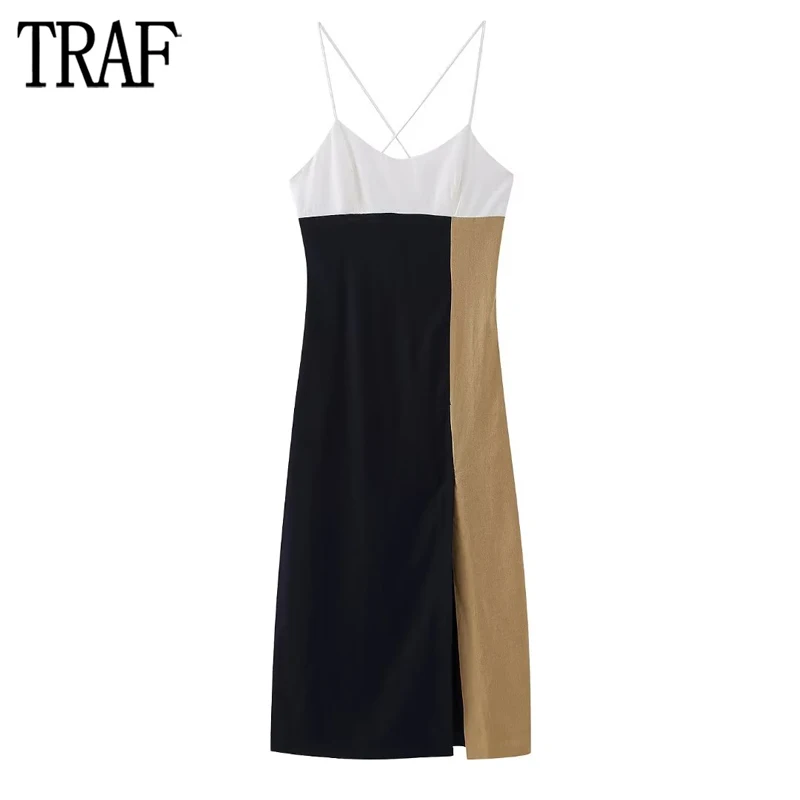 

TRAF 2023 Slip Long Dress Women Color Block Midi Dress Woman Sexy Backless Party Dresses for Women Straps Bodycon Summer Dresses