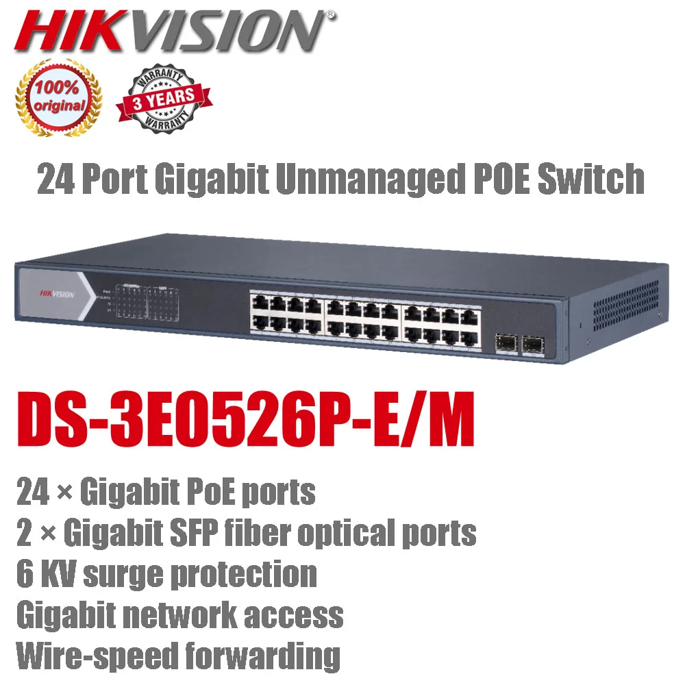 Hikvision DS-3E0526P-E/M 6KV Surge Protection 24 Port Gigabit Unmanaged POE Switch with 2 Gigabit SFP fiber optical Ports