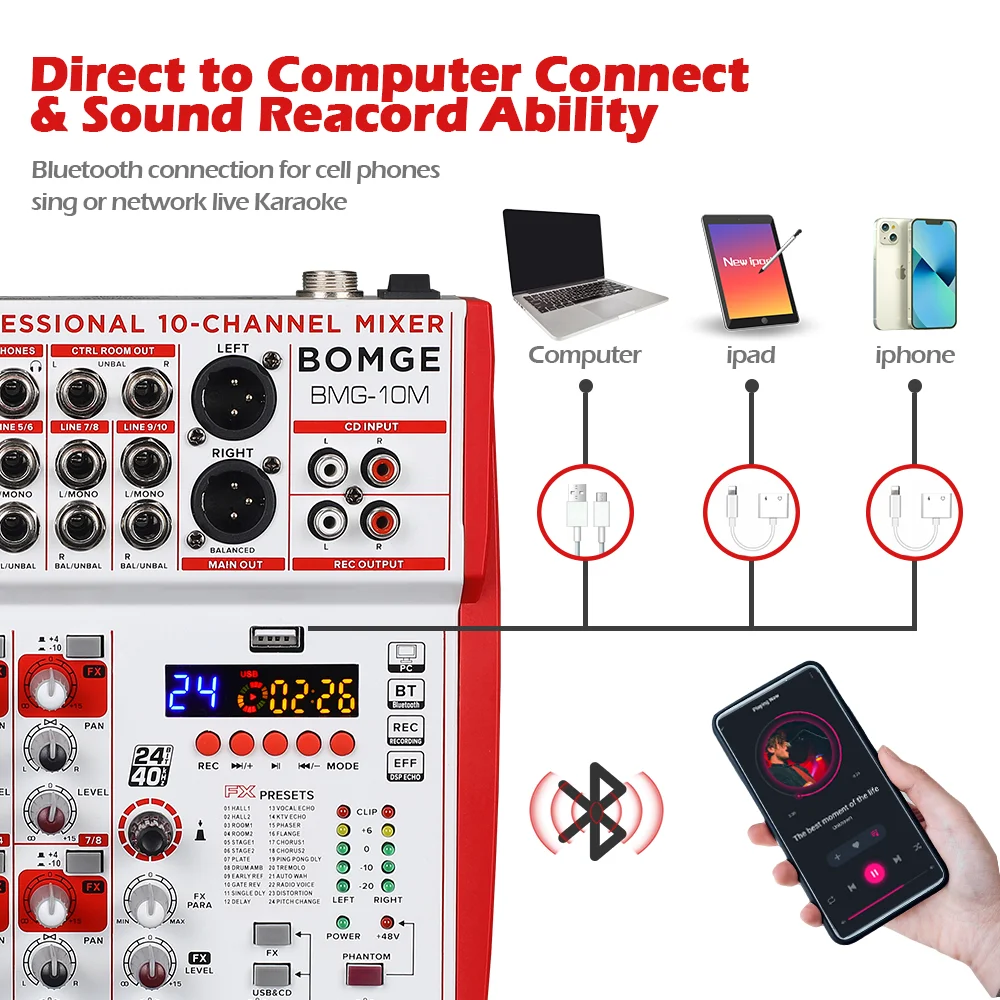 12-канальная звуковая панель BOMGE с предусилителем Xenyx 24DSP Bluetooth 48В фантомное