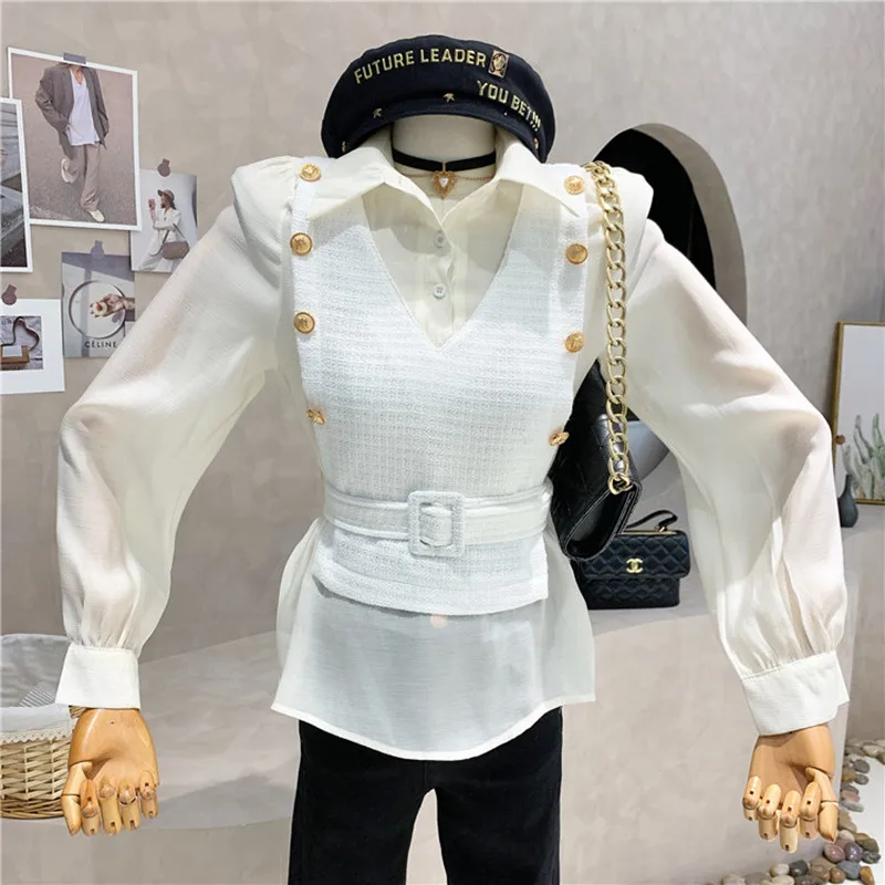 

Новинка, женская одежда нишевого дизайна, весна 2022, твидовая сшитая рубашка из двух частей, женская рубашка с лацканами и длинными рукавами, ...