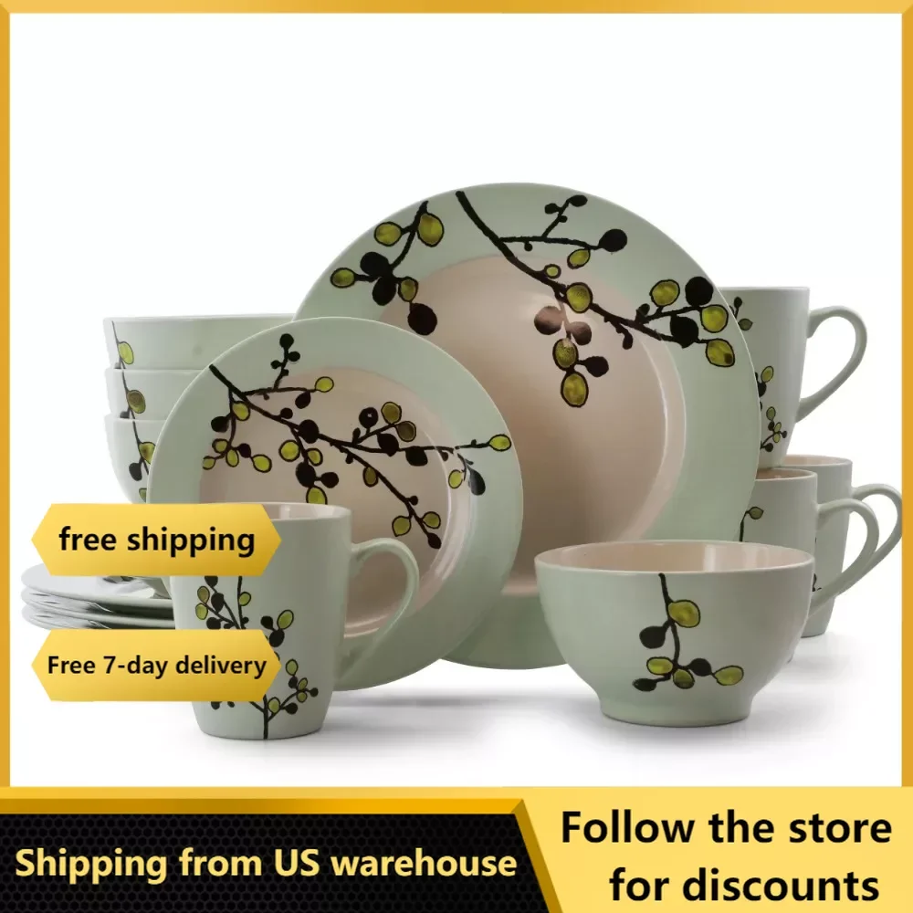 

Cutlery Set Free Shipping Bowl Retro Bloom 16 Piece Round Stoneware Dinnerware Set in Green Utensils for Kitchen Accessories Bar