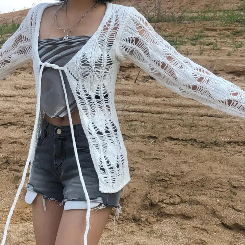 

Y2K Vintage Tie Up Cardigans 2000s Retro Hollow Out Knitted Sweater Fairycore Grunge Smock Top Chic Women White Knitwear Clothes