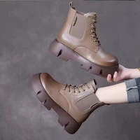 vintage style genuine leather women boots flat booties soft cowhide womens shoes zip ankle boots platform shoes women boots