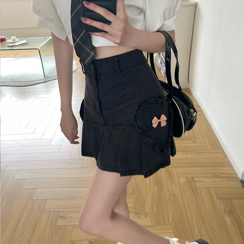 

Women's Black Half Body Skirt Love Pocket Bow High Waist Vintage Baggy Casual Fashion A-Line Pleated Short Skirt Ladies Summer