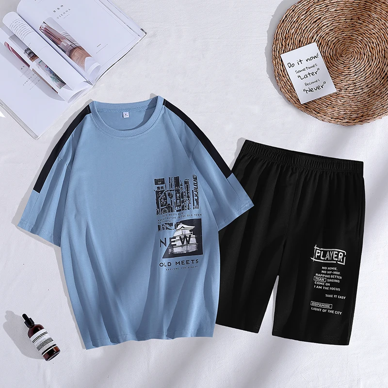 Summer men's sportswear set Fashion Casual Loose O-collar printed T-shirt and Shorts 2 piece set Trend streetwear men plus size