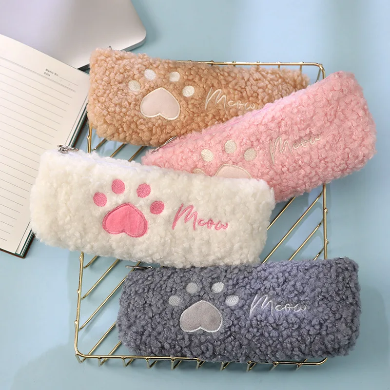 12 pcs/lot Creative Cat Paw Plush Pencil Case Kawaii Pencil Box Stationery pouch Cosmetic Bag Office School Supplies