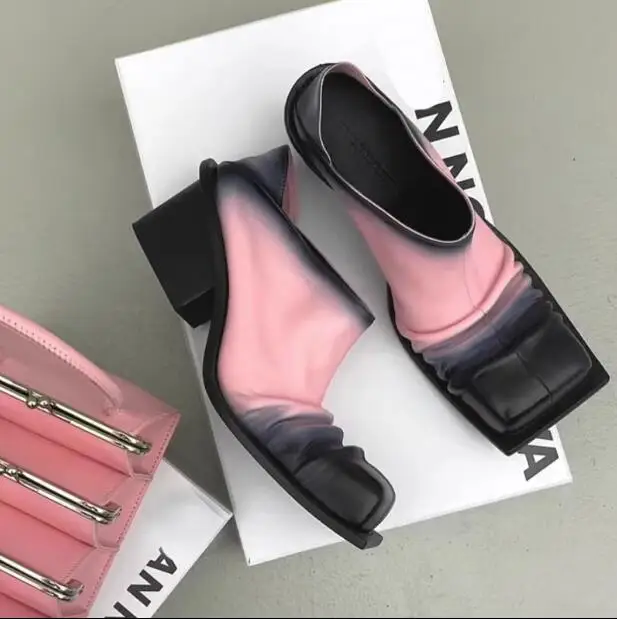 

Женские туфли Muller с квадратным носком, градиентные цвета, без застежек, кожаные туфли на толстой подошве, в стиле ретро, 2020