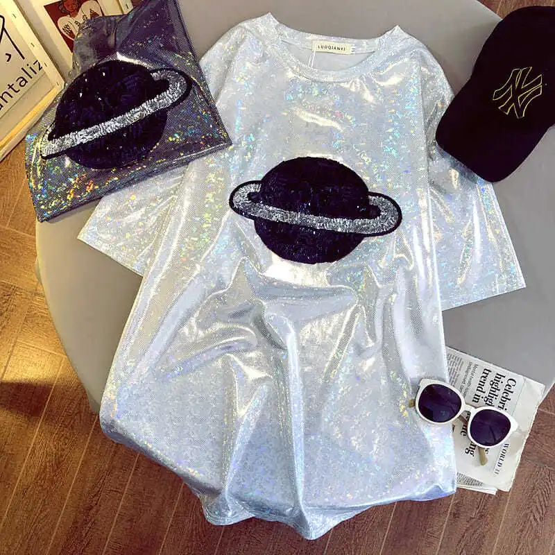 

Korean Fashion Summer Clothes for Women Short Sleeve T-shirt Harajuku Fashion Loose Shining Printing Reflective Neck Female Top