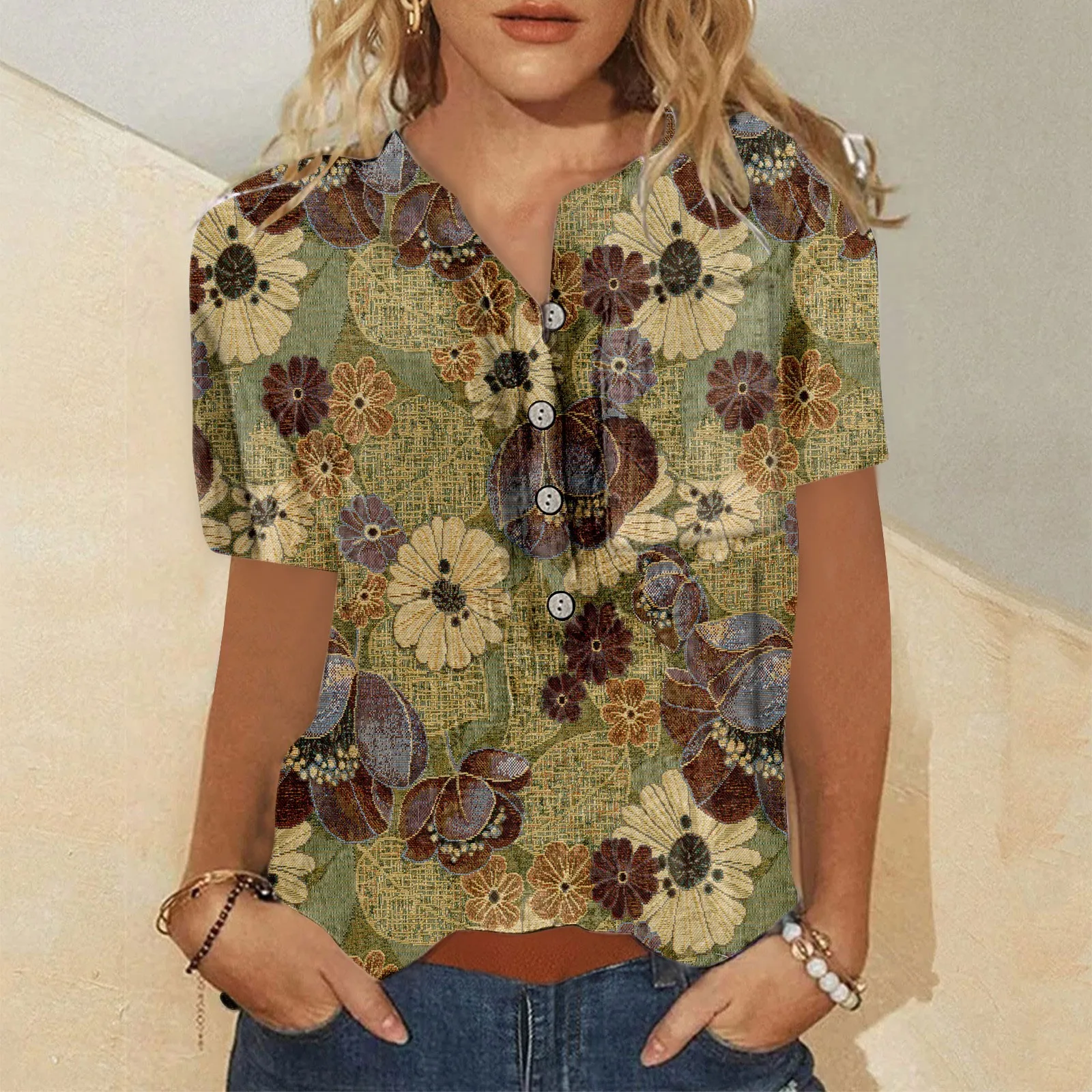 

Vintage floral Print Blouse Half Button Shirt Short Sleeve Blouses Women's Blouse Tops And Blouses Blusas Female Clothing 2023