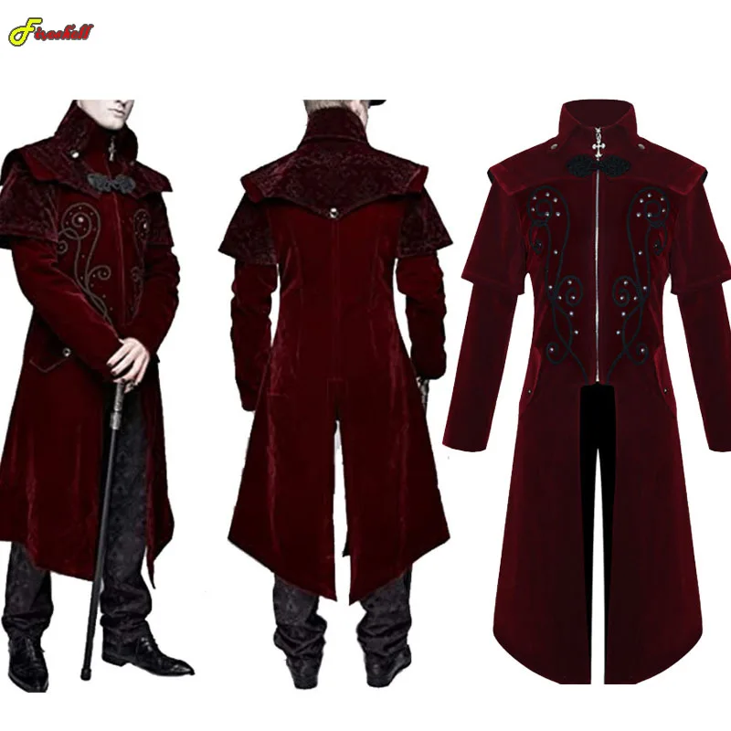 

Men's Gothic Medieval Steampunk Castle Vampire Devil Red Coat Cosplay Costume Victorian Luxury Tuxedo Suit Trench Jackets