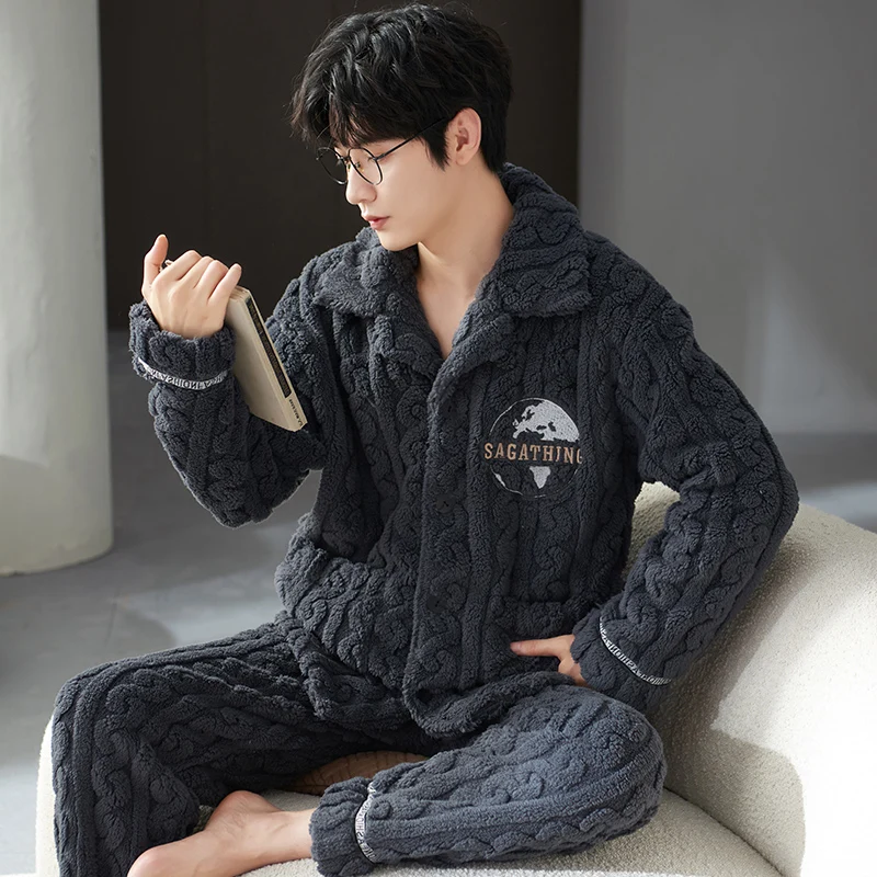 

QUHENG Long Sleeve Men Pajamas for Men Pijama Set Comfortable Flannel Mens Pajamas Men Sleepwear Set New Men Sleepwear Sleep Top