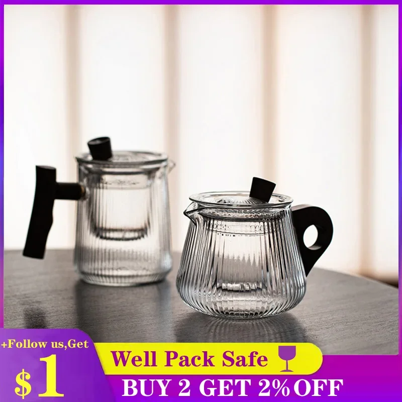 Термостойкий стеклянный чайник в полоску с деревянной ручкой китайский чайный